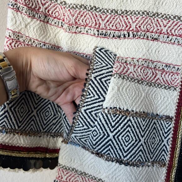 Zara Boucle Tweed Embellished Sequin Fringe Striped Open Jacket Size S - Picture 4 of 8